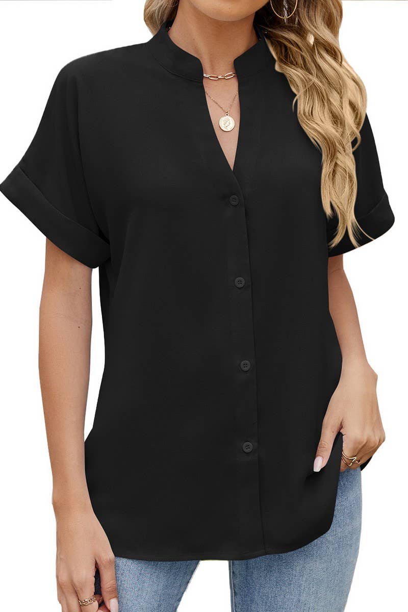 CWTBLS2280_SOLID V-NECK BUTTON DOWN CASUAL SHIRT TEE TOP
