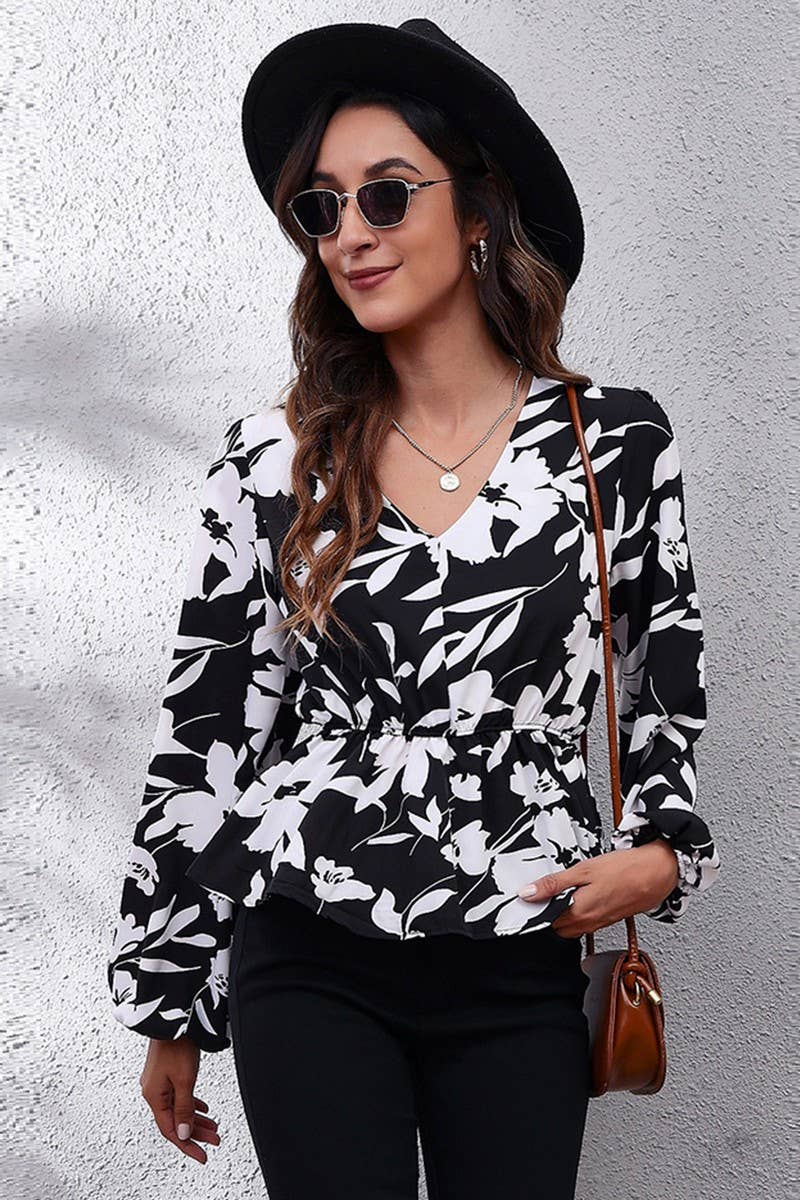 CWTBLL0707_V-Neck Long Sleeve Print Blouse