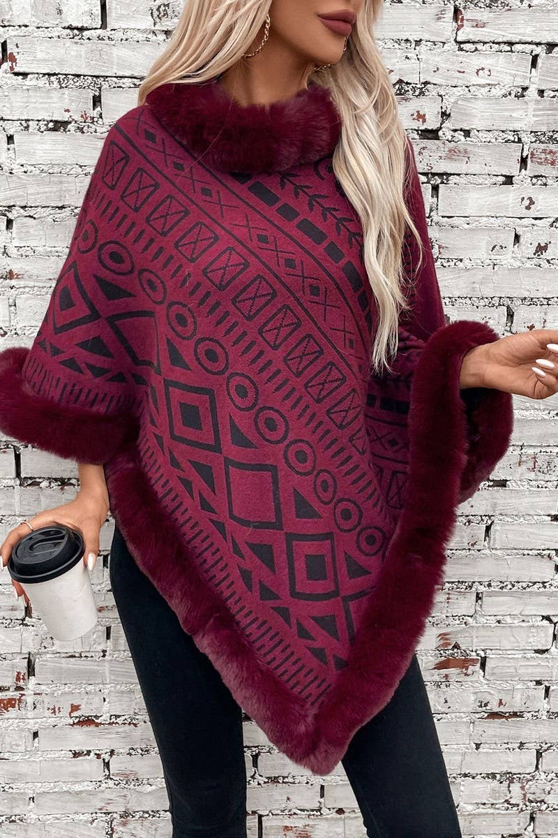 CWOSWS0094_FUR COLLAR GEOMETRIC PATTERN SWEATER SHAWL