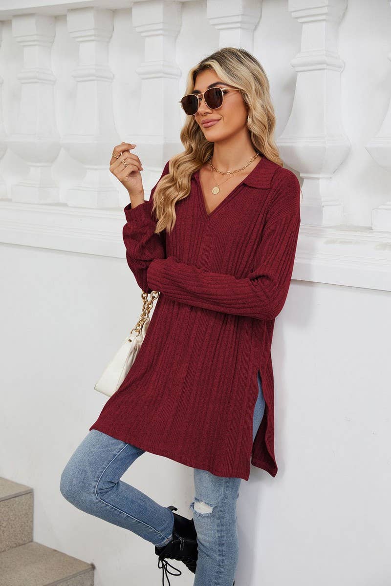 CWTBLL3668_FLIP COLLAR SLIT LONG SLEEVED LOOSE T-SHIRT TOP