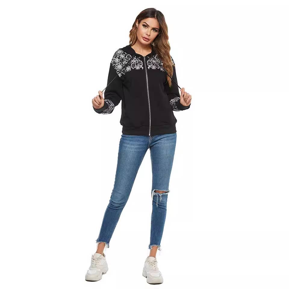 DESIGN SENSE EMBROIDERY HOODED TOP CARDIGAN COAT