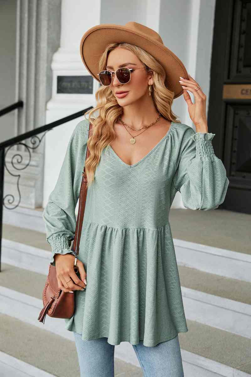 CWTBLL2836_V-NECK LONG SLEEVE PATCHWORK DRESS TOP