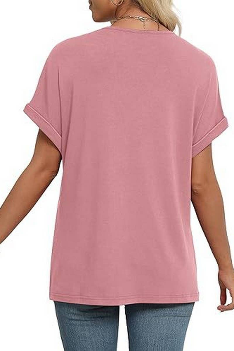 CWTBLS2191_SOLID V-NECK LOOSE BATWING SLEEVE CROP TEE