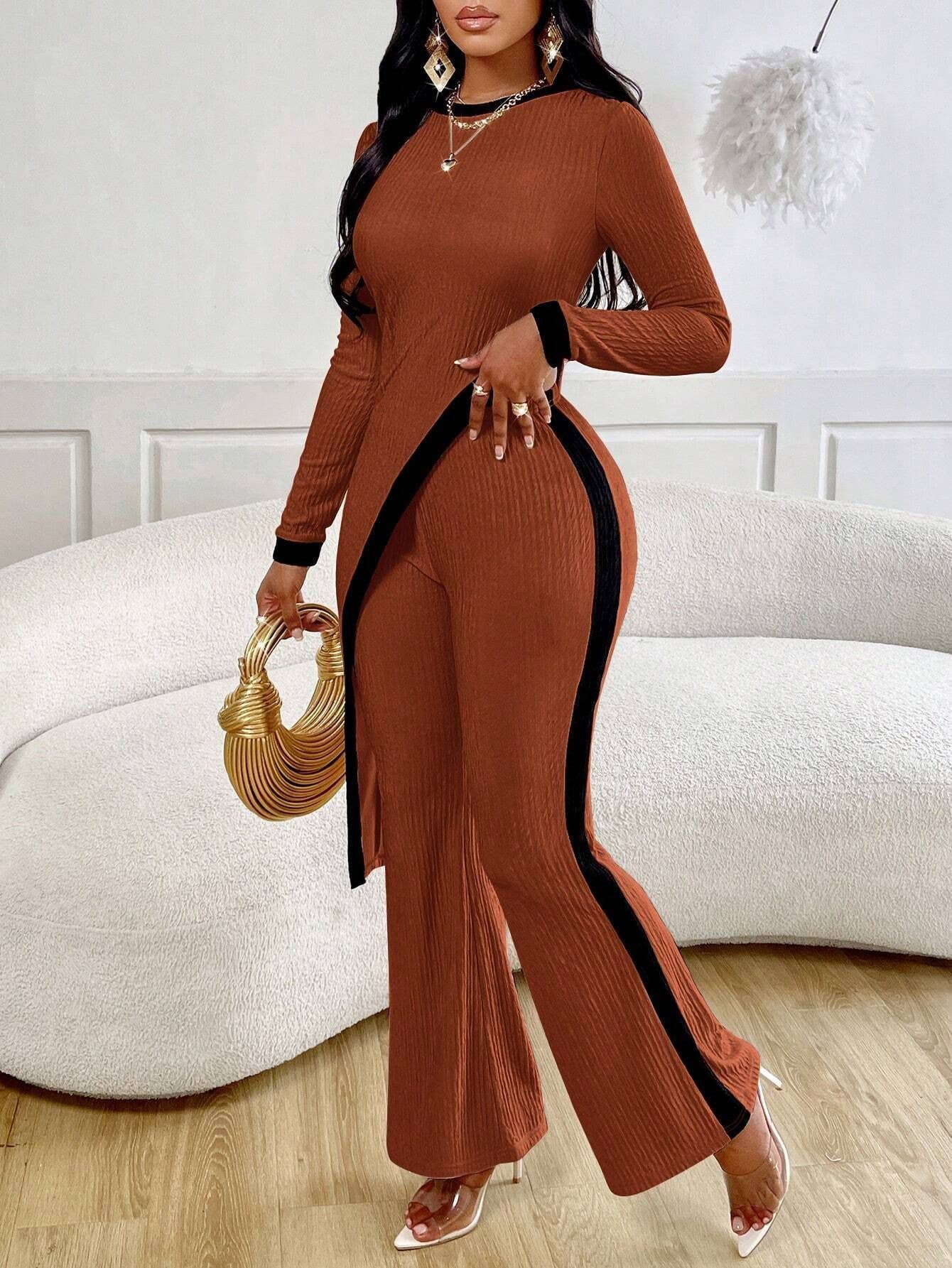 COLOR CONTRAST SLIT T-SHIRT STITCHING PANTS SET