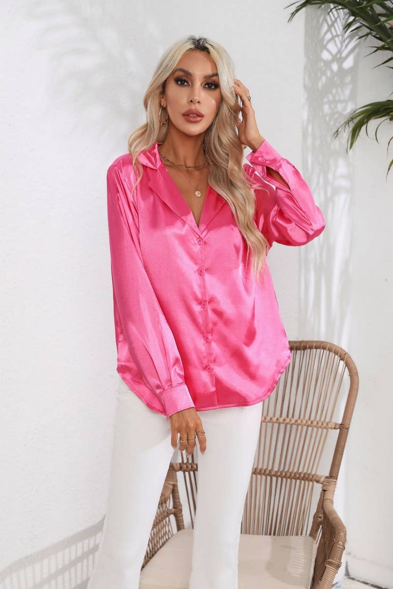 CWTBLL0693_Button Down Silky Satin Long Sleeve Top