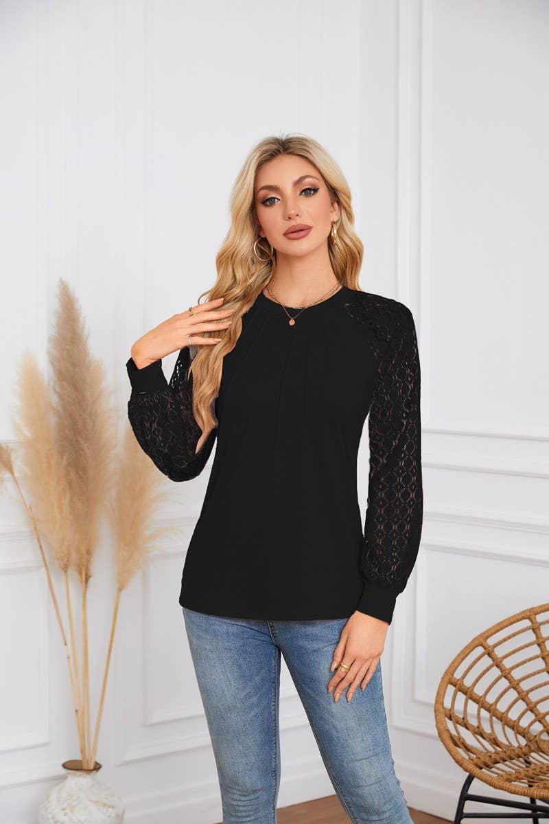 CWTBLL4096_LACE PANEL ROUND NECK PLEATED LONG SLEEVE TOP