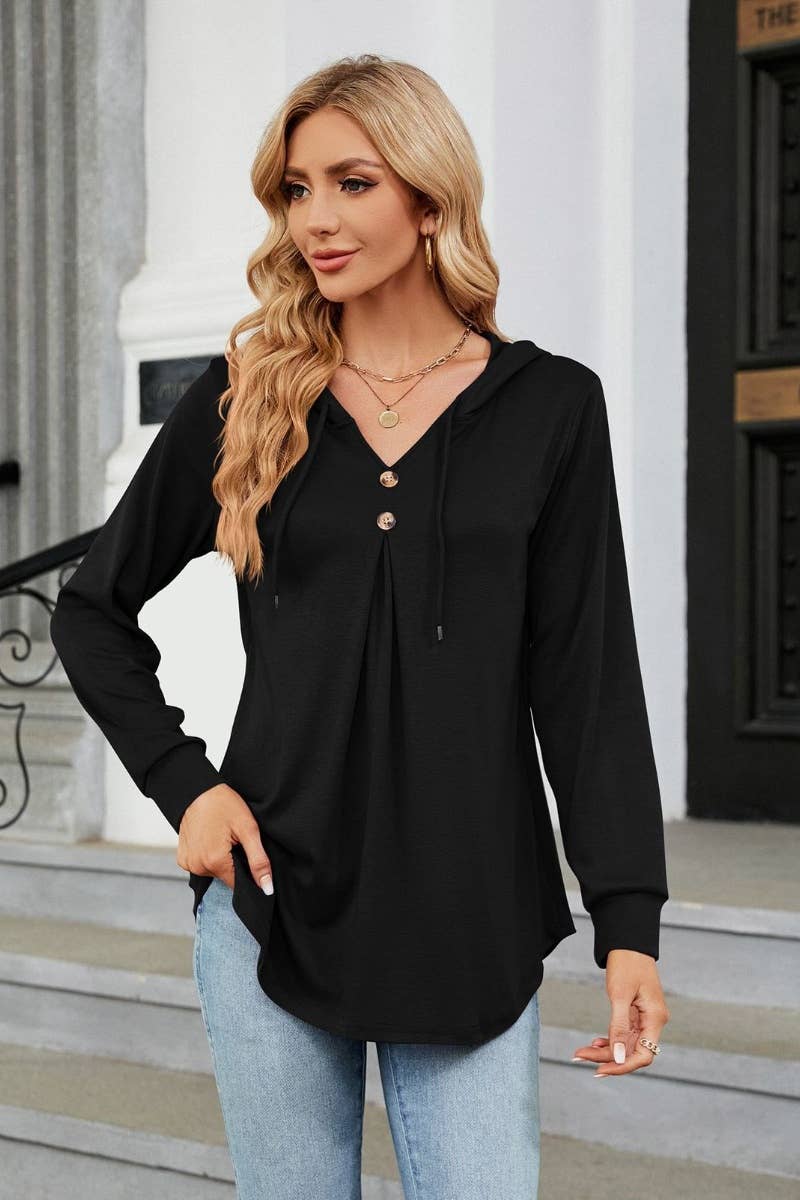 CWTBLL2682_SOLID COLOR DRAWSTRING LONG-SLEEVED HOODED TOP