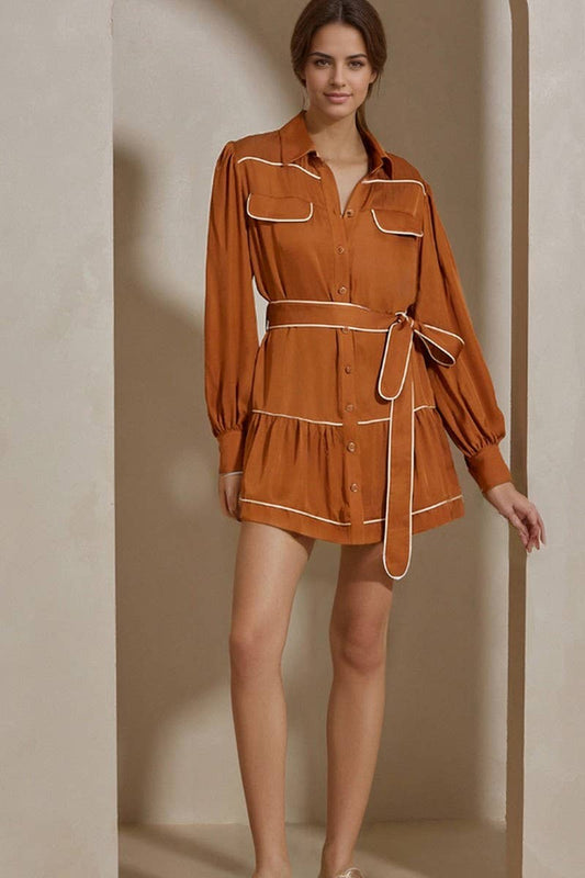 CWTDSL0126_TIE-TIE CARAMEL COLORBLOCK SATIN SHIRT DRESS