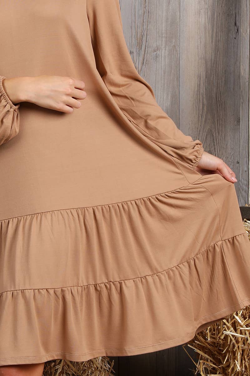 CWDSD10356_LONG SLEEVE SHIRRING LAYERED HEM MINI DRESS