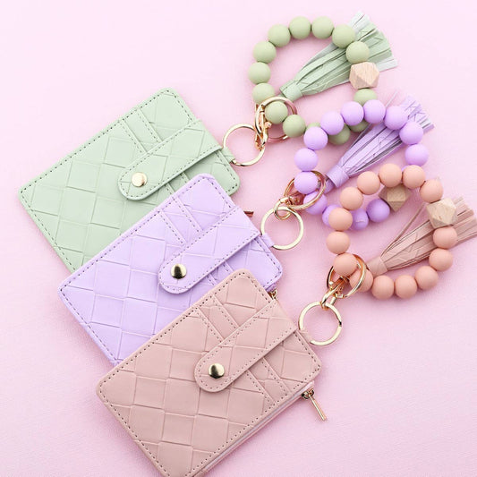 Plaid PU Card Wallet with Silicone Bead Keychain_CWAB4970