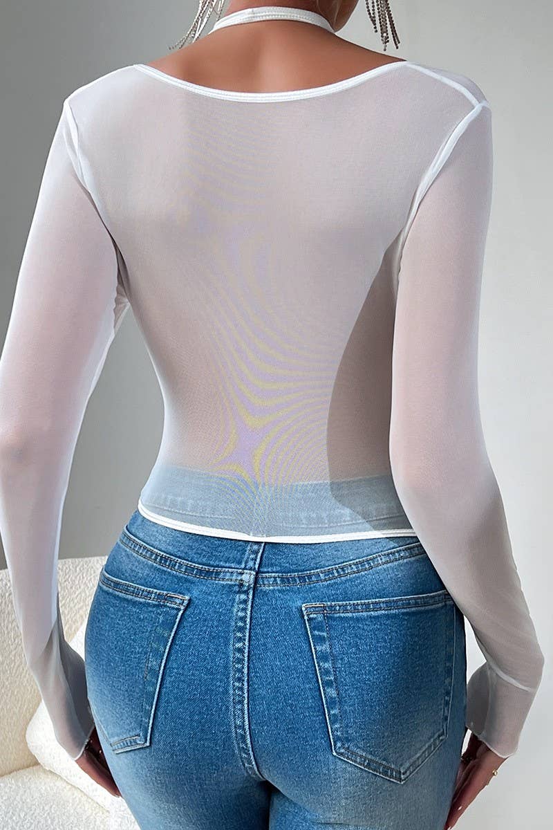 CWTBLL3635_CROSSOVER HALTER NECK LONG SLEEVE TUNIC TOP