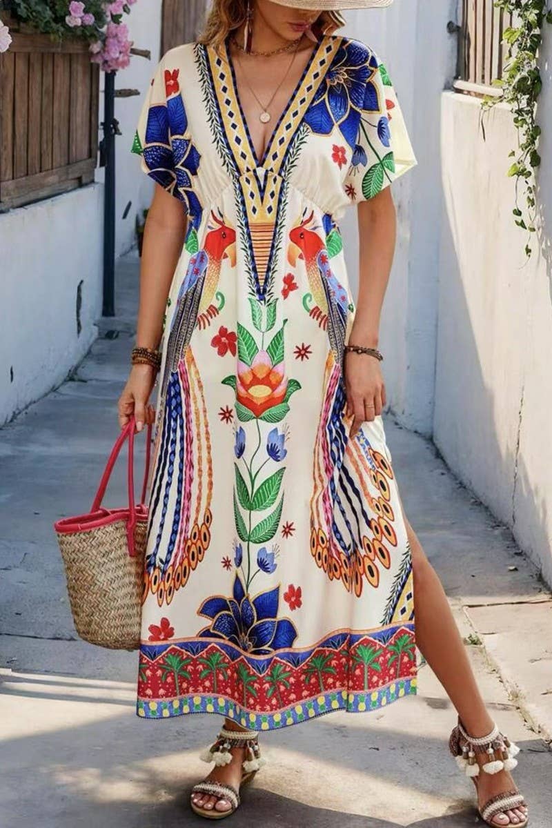 CWDMD5850_V-NECK FLORAL LOOSE FIT MAXI T-SHIRT DRESS