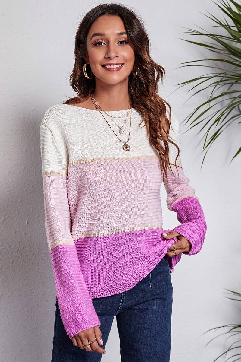 CWOSWL4069_CONTRAST GRADIENT STRIPED BOAT NECK KNIT SWEATER