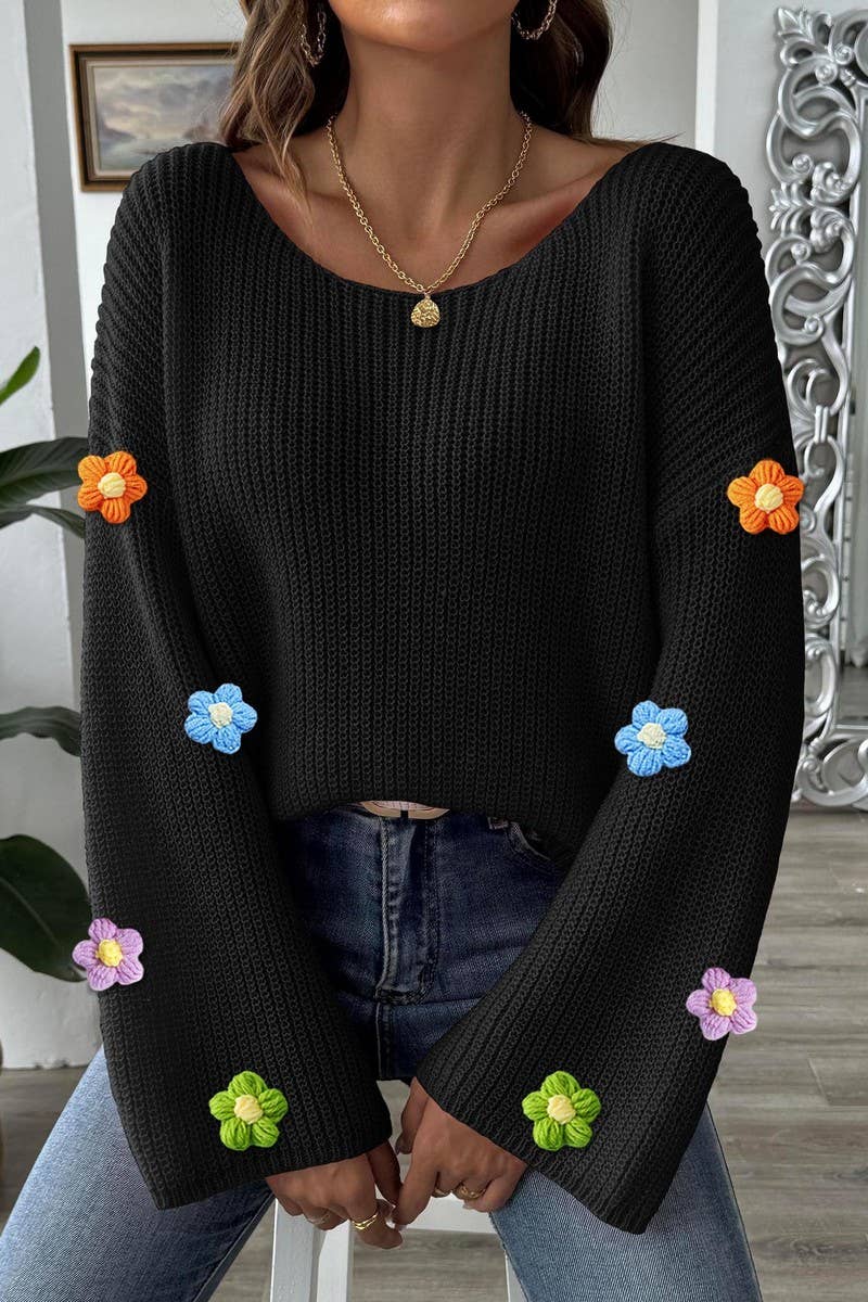 CWTTK00288_WOMEN OFF SHOULDER CROCHET FLOWER KNIT SWEATER