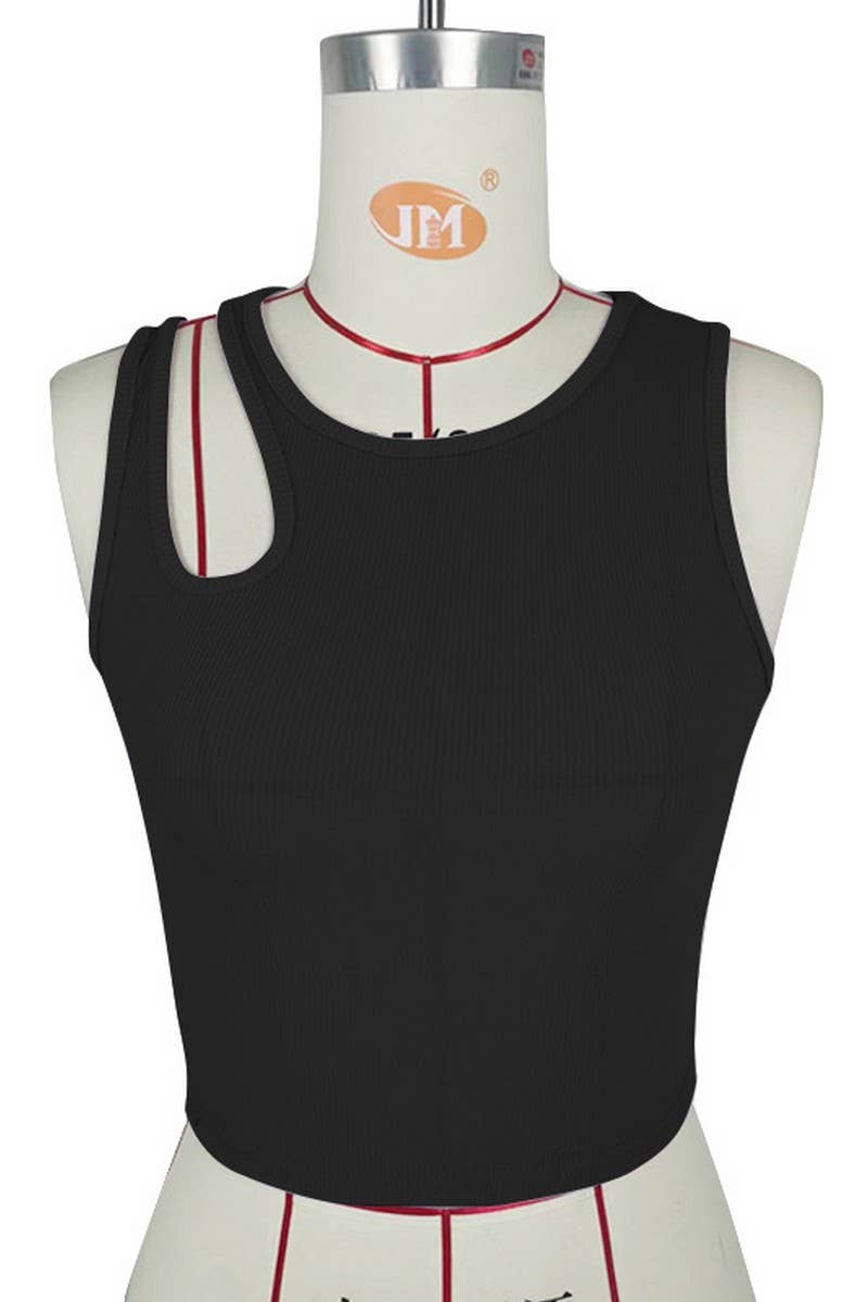 CWTTK0502_RIBBED BELLY-BARING CUT-OUT SLEEVELESS TANK TOP