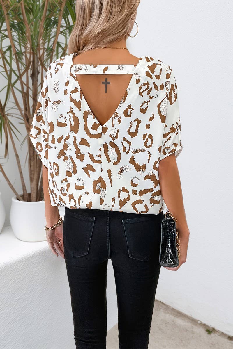 CWTBLS1996_V-NECK LOOSE BATWING SLEEVE LEOPARD TOP