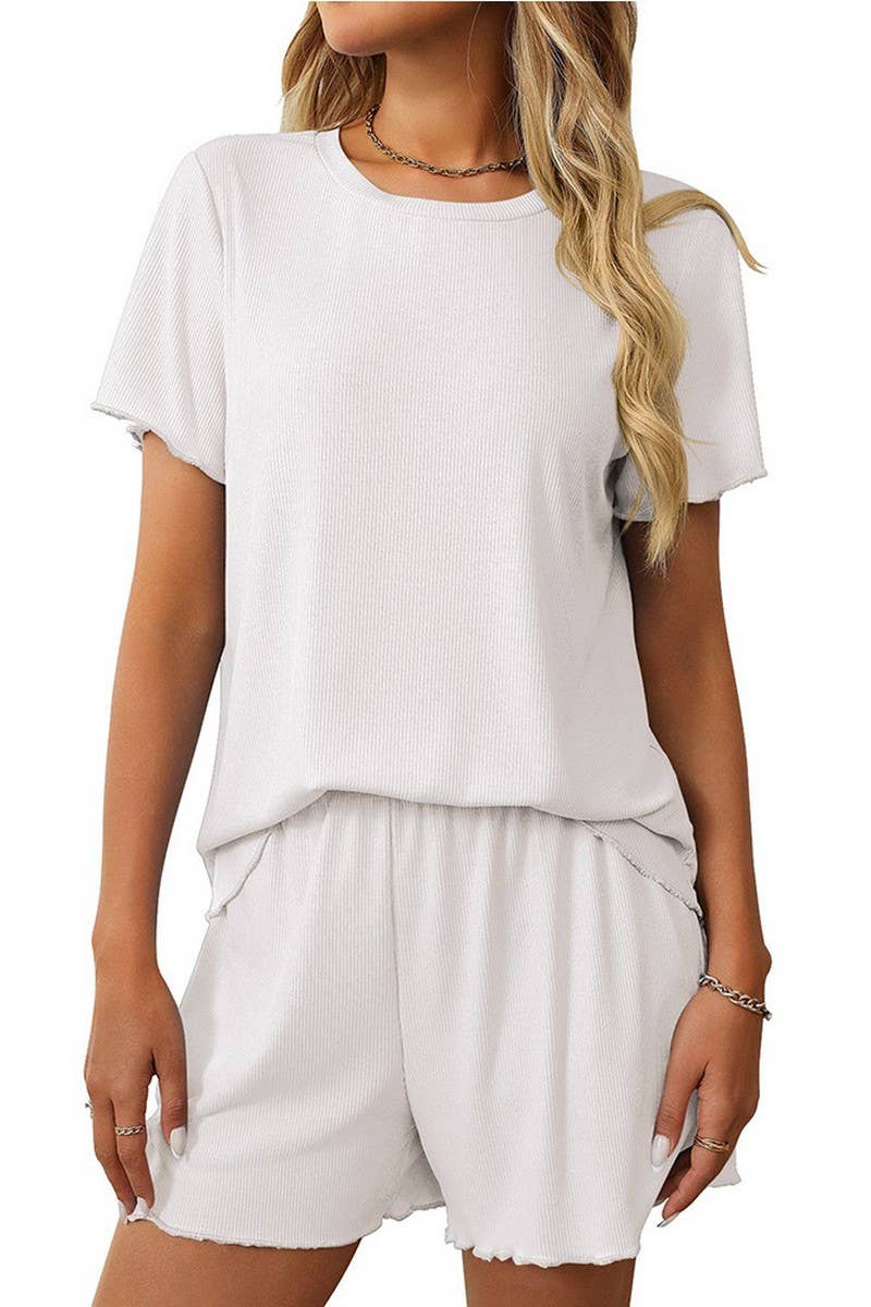 CWSPJ0229_SOLID COLOR STRIPED SHORT SLEEVE HOME WEAR SET