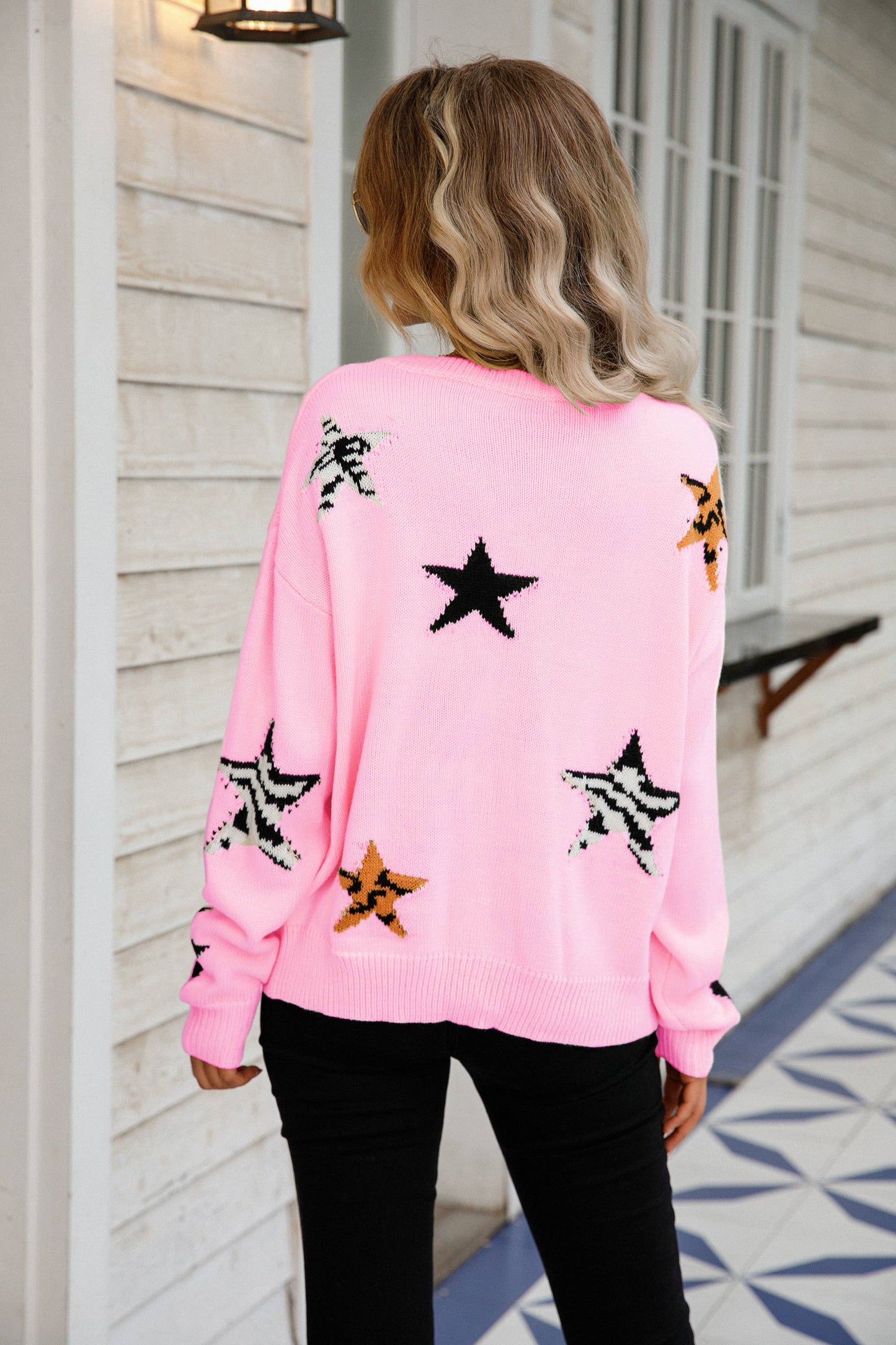 CREW-NECK STAR LONG-SLEEVED PULLOVER SWEATER