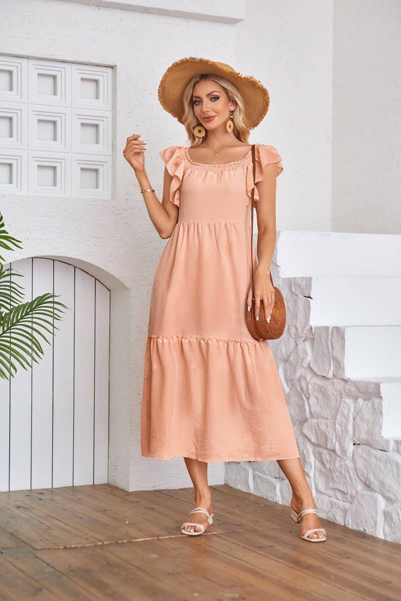Fly-sleeve square neck off-the-shoulder dress