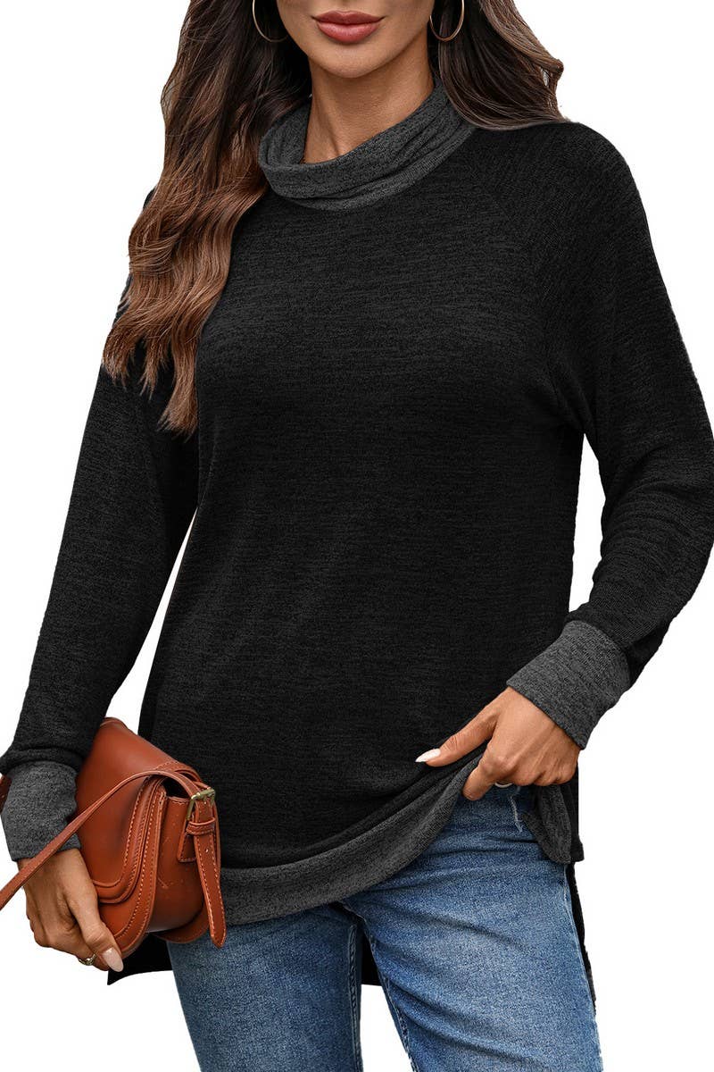 CWTBLL01308_COLORBLOCK SCARF NECK LONG SLEEVE CASUAL TOP