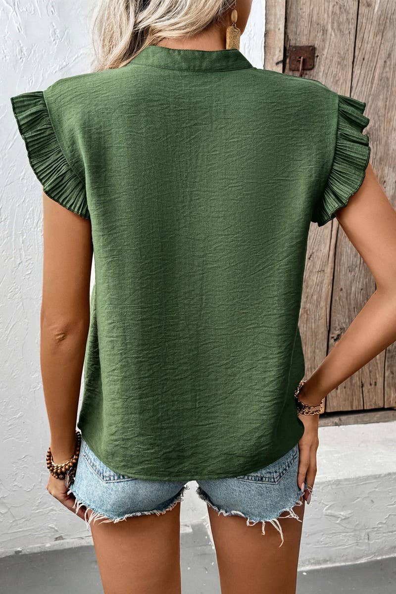 CWTBLS1850_SOLID COLOR CASUAL V-NECK FLOWY SLEEVE TOP