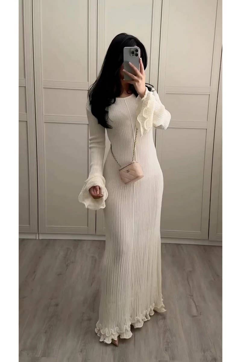 CWDMD4140_PLEATED WAVY EDGE OPEN BACK LONG SLEEVE DRESS