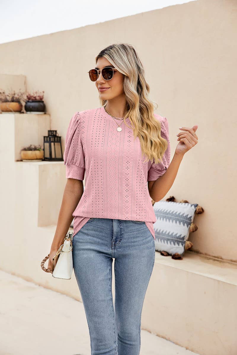 CWTBLS0615_ HOLLOW PUFF SLEEVES SHORT SLEEVED BLOUSE TOP