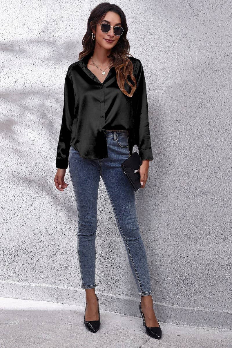 CWTBLL0691_Button Down Silky Satin Long Sleeve Top