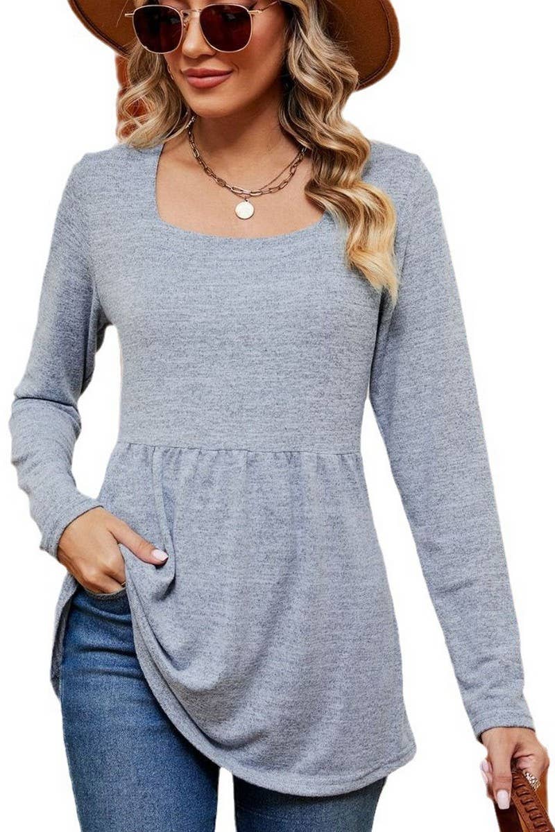CWTBLL2397_SQUARE NECK LONG SLEEVE WAISTED MID-LENGTH TOP