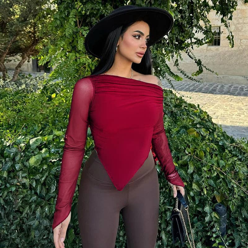 ELEGANT SLIM SLANT SHOULDER MESH SLEEVE TOP