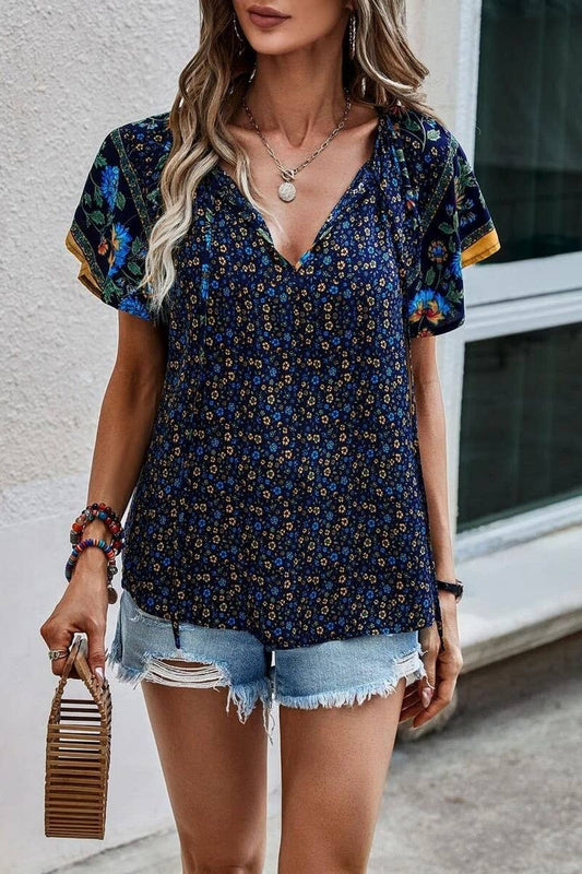 CWTSTS0660_SUMMER V-NECK SMALL FLORAL CASUAL LOOSE SHIRT