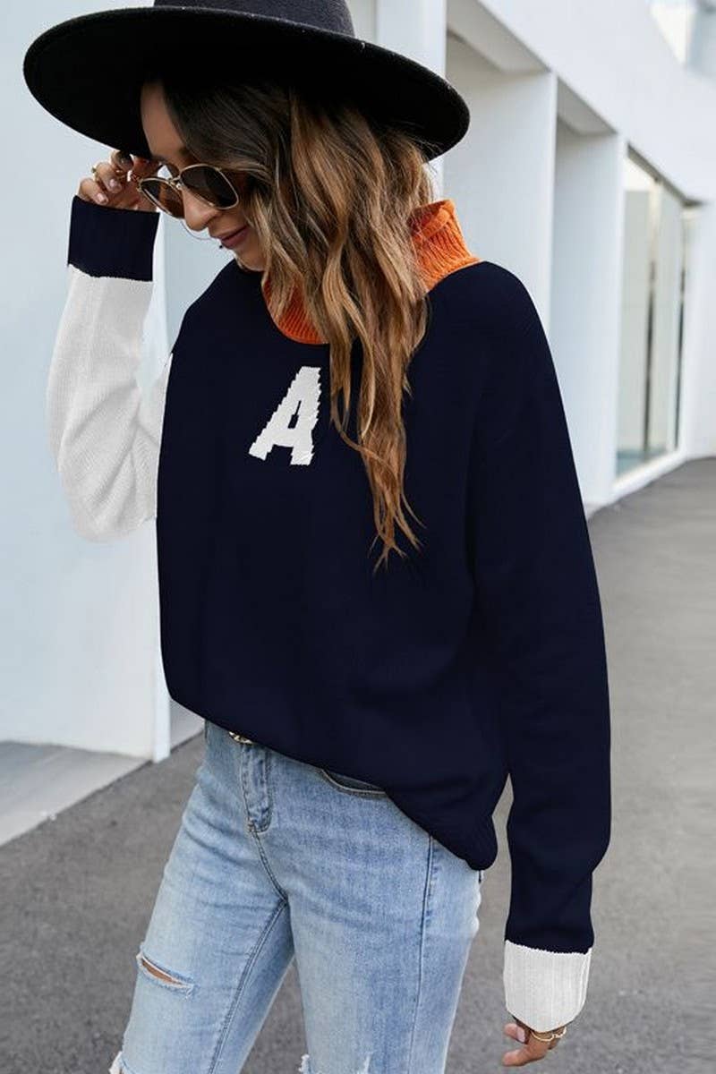 CWOSWL2707_HALF TURTLENECK LETTER JACQUARD LOOSE KNIT SWEATE