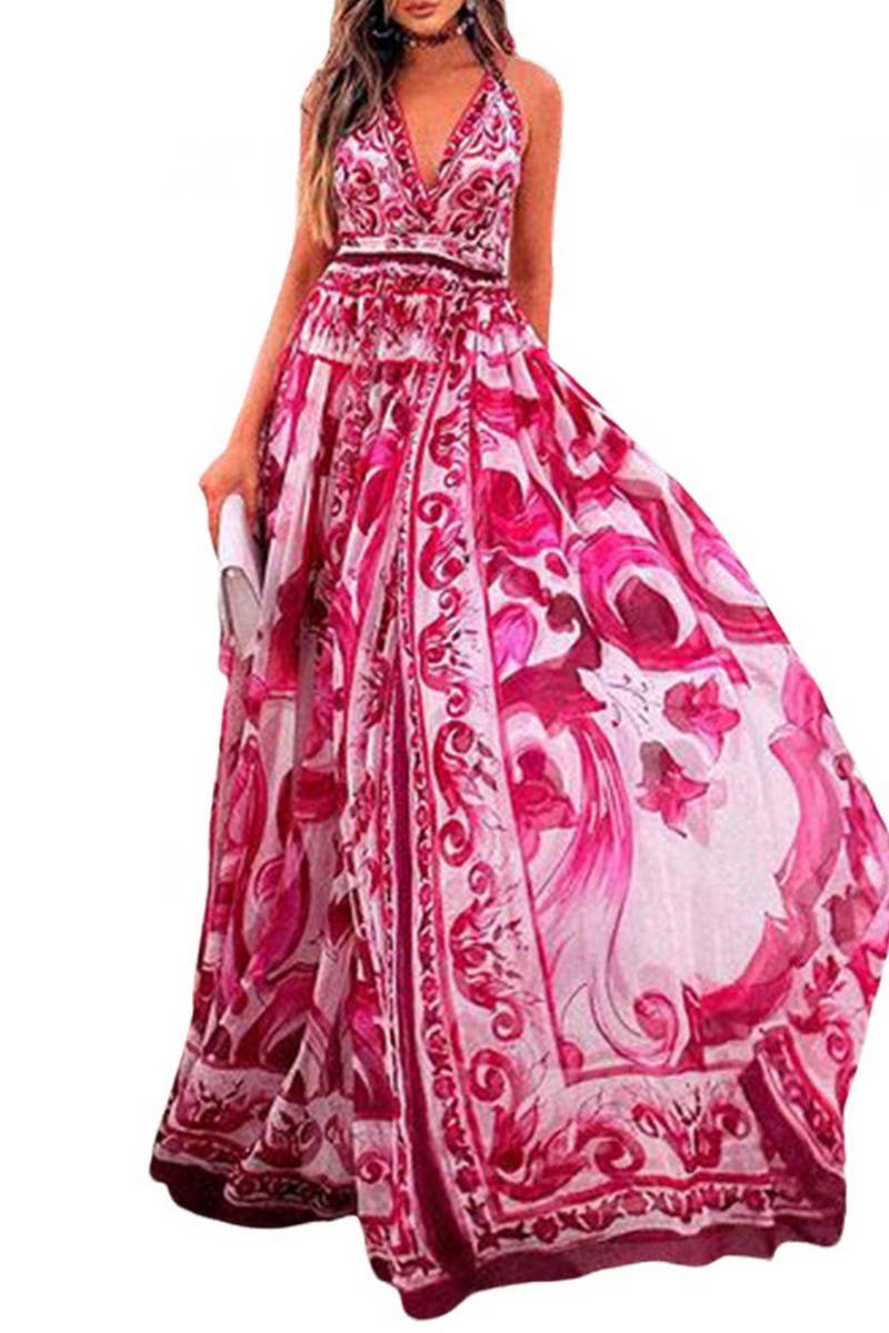 CWDHL0324_PRINTED HALTER BACKLESS NECK LONG DRESS