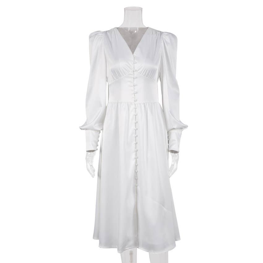 CWDMD4167_VINTAGE SATIN COURT DRESS WITH WAIST AND V-NECK