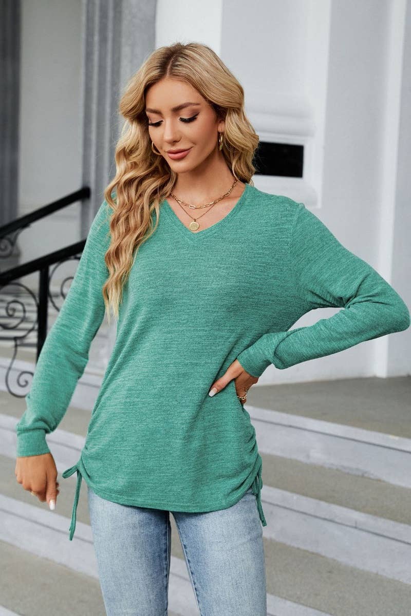 CWTBLL2690_FALL V-NECK PLEATED SOLID COLOR LONG-SLEEVED TOP