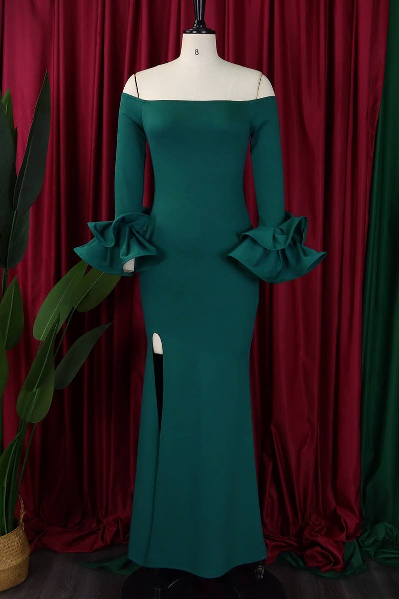 CWDMD1729_ONE SHOULDER SLIT RUFFLE SLEEVE EVENING MAXI DRESS