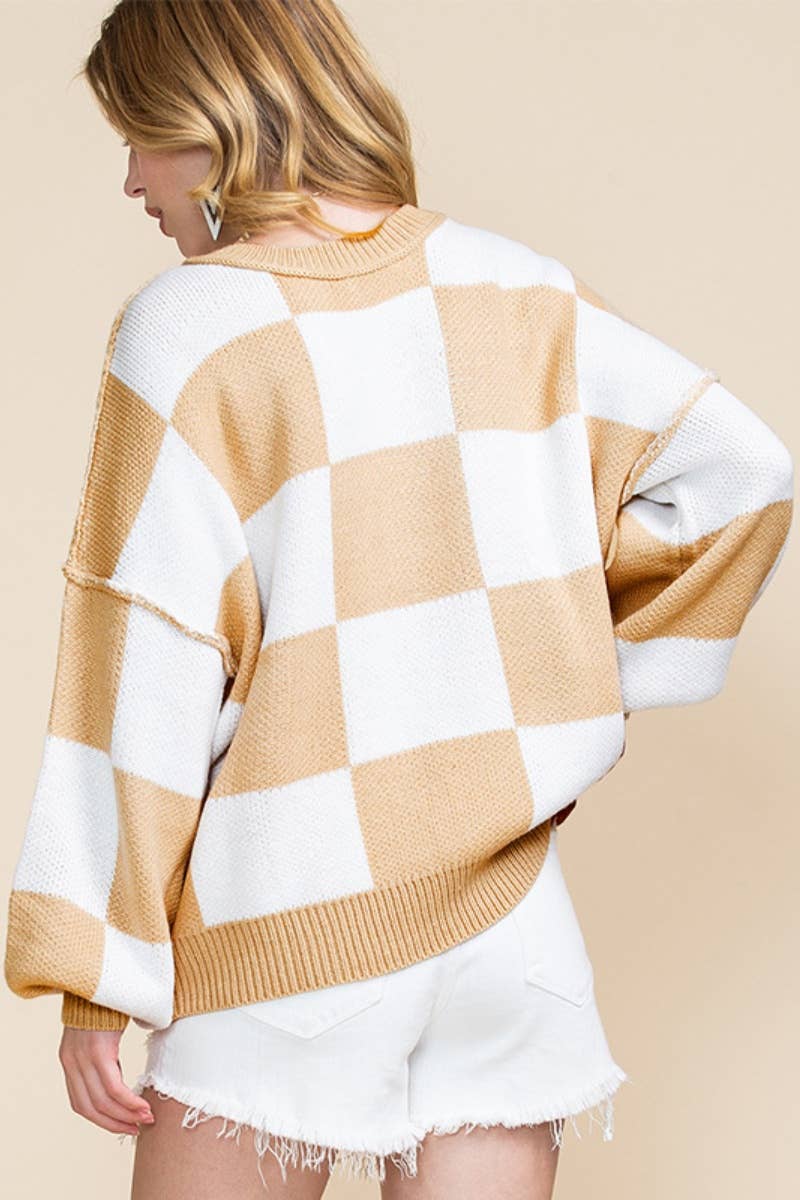CWOSWL6673_PLAID COLOR CONTRAST LONG-SLEEVED SWEATER