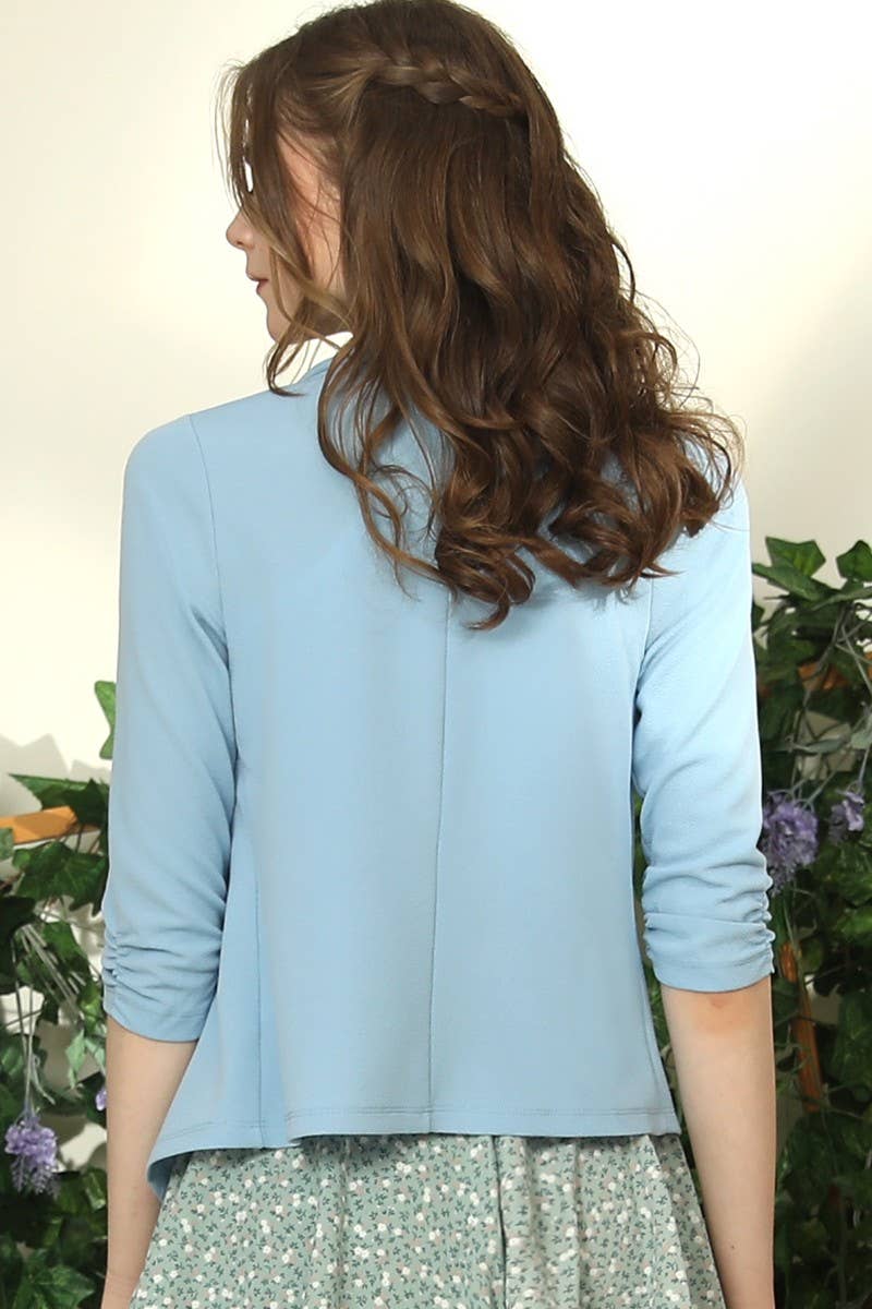 CWOBL041_3/4 SLEEVE WITH SHIRRING DETAILED OPEN BLAZER