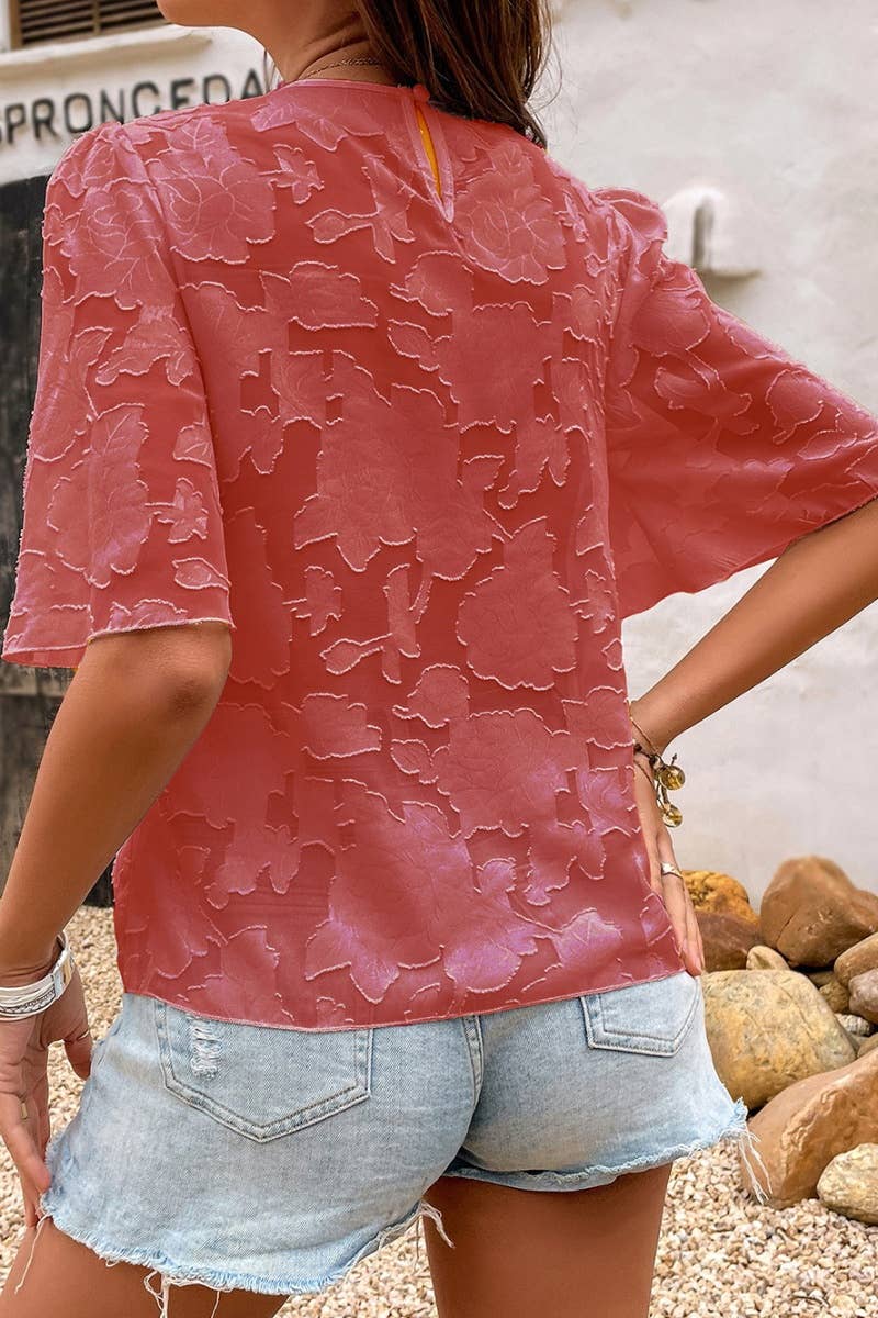 CWTBLS0666_ROUND NECK SHORT SLEEVE FLOWER CHIFFON TOP