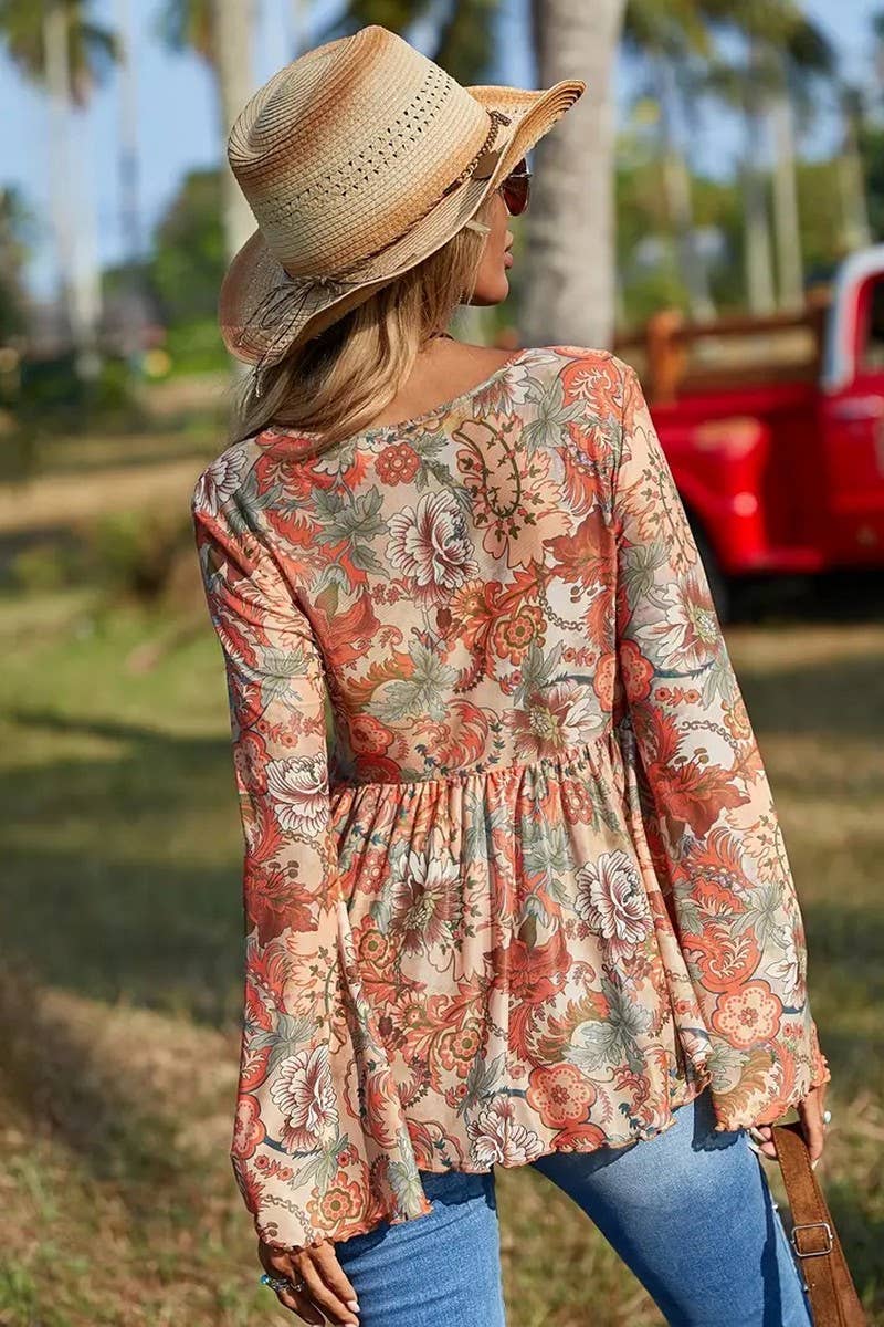 CWTBLL3893_V-NECK RETRO FLARED SLEEVE LOOSE SHIRT