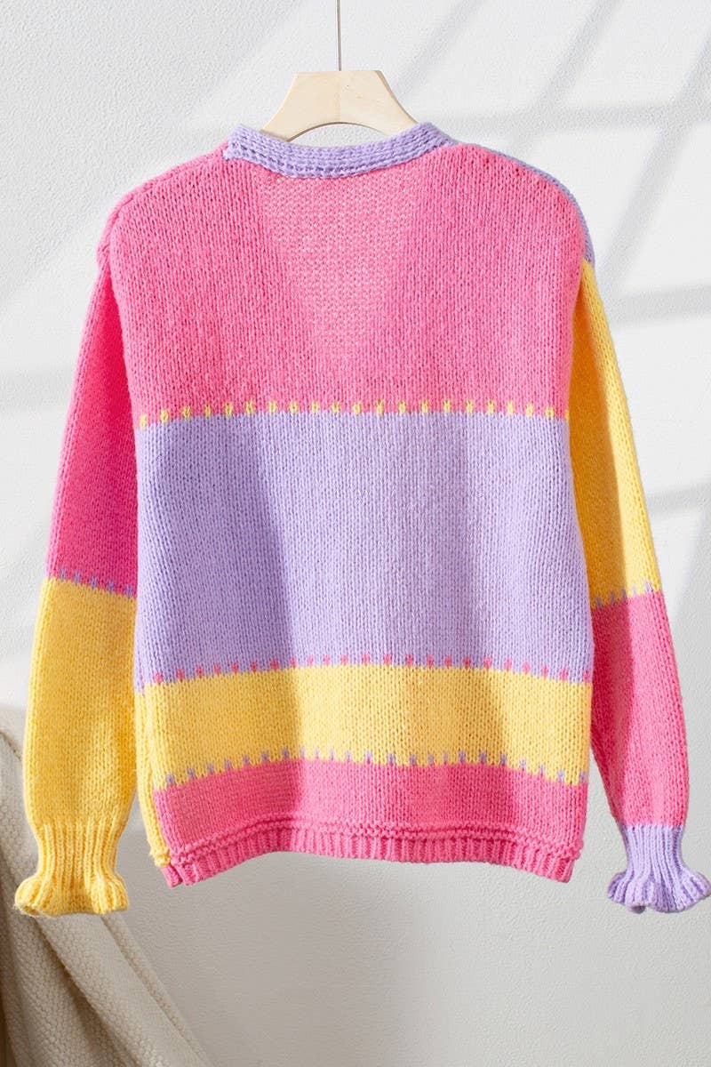 CWOCAL2362_COLORBLOCK RUFFLE EDGE LOOSE KNIT CARDIGAN