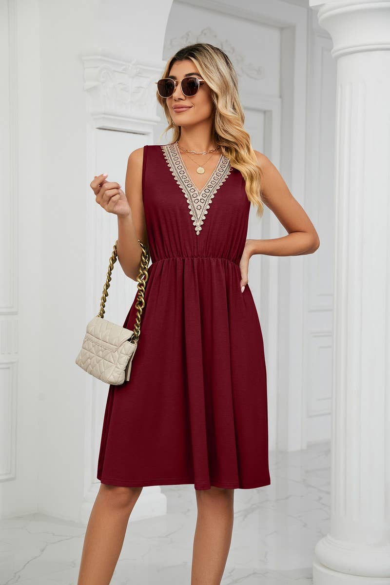 CWDSD3116_V-Neck Lace Trim Sleeveless Dress
