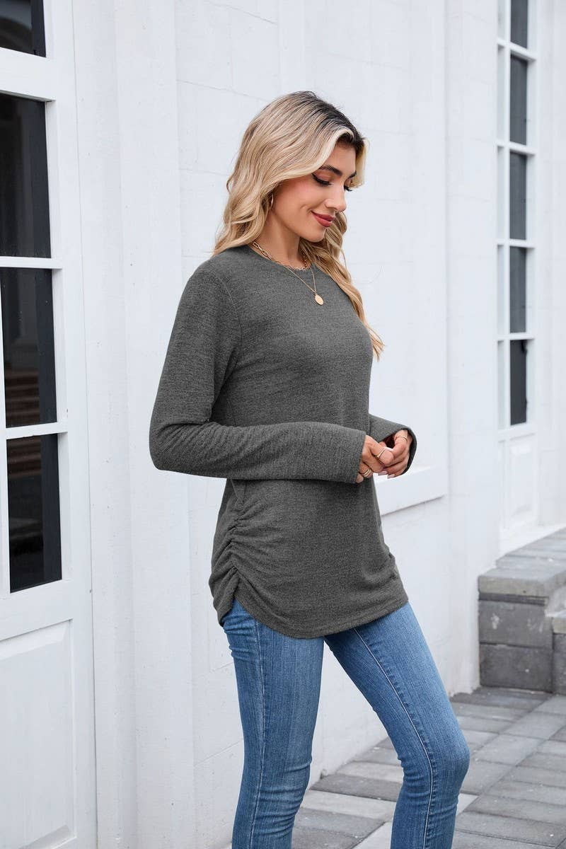 CWTBLL01304_COLORBLOCK RUCHED LONG SLEEVE CASUAL T SHIRT