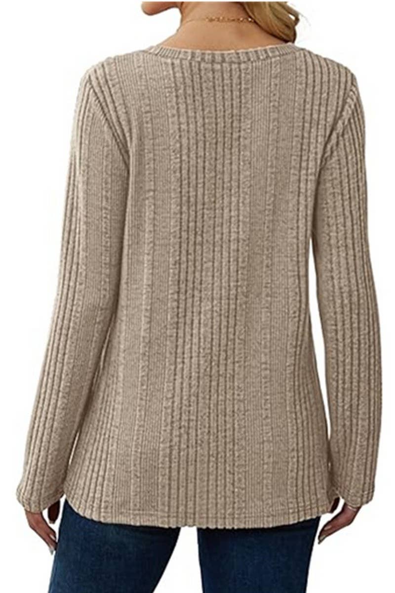 CWOSWL6559_V-NECK SOLID COLOR LONG-SLEEVED KNITTED SWEATER