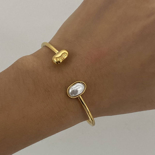 Elegant Pearl Open Cuff Bracelet in StainlessSteel