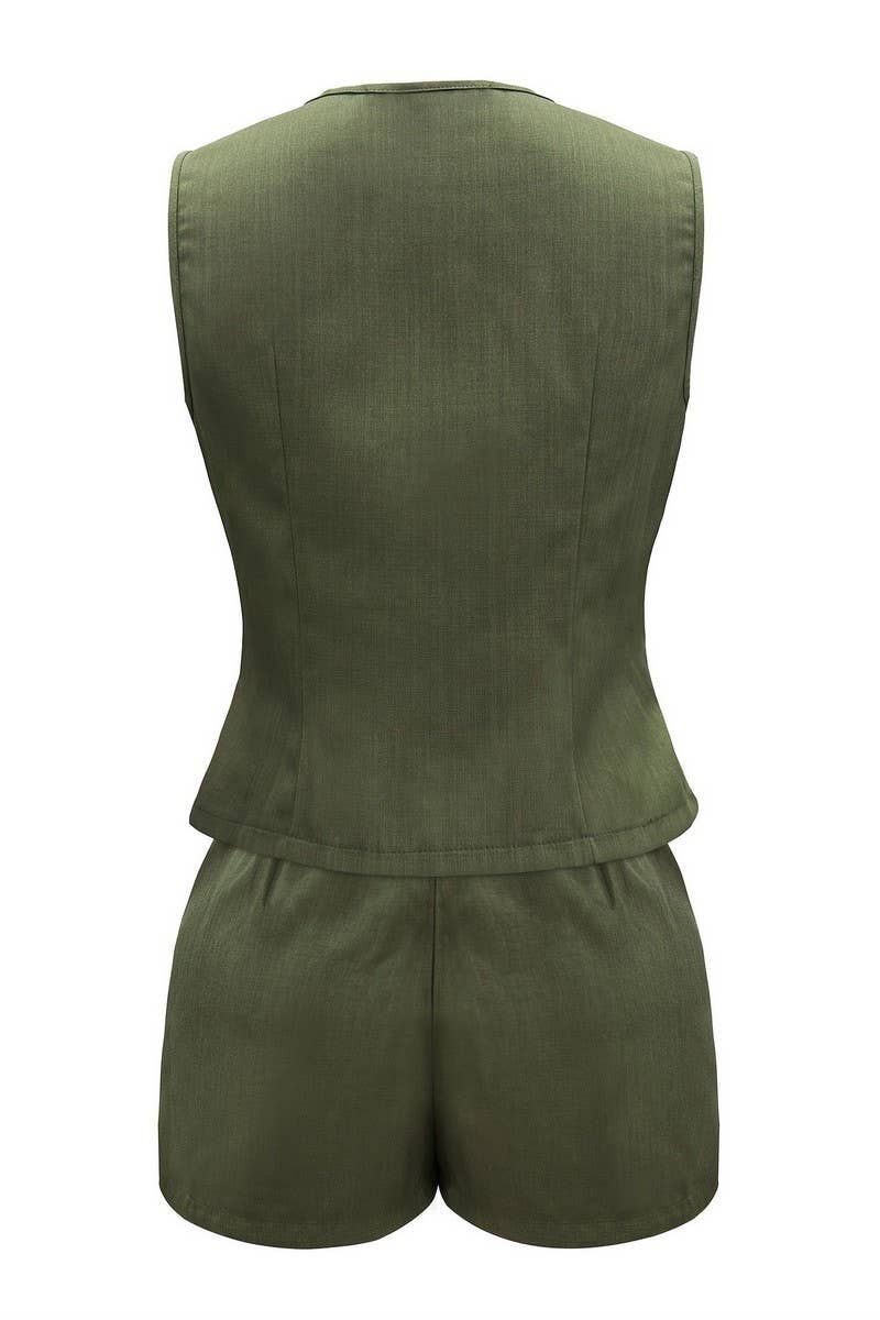 CWSTB2136_SOLID V-NECK VEST & SHORTS TWO-PIECE SET