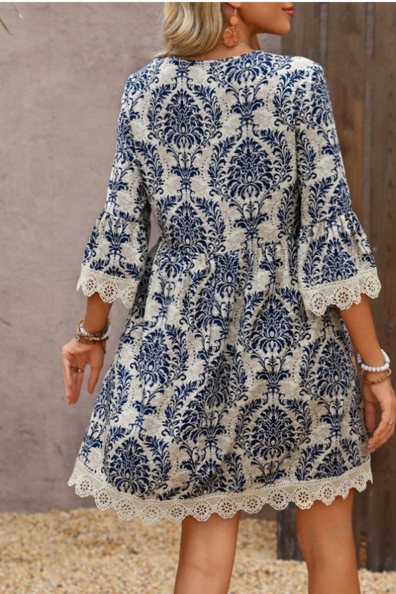 CWDSD8526_FLORAL PRINT V-NECK LACE TRIM 3/4 SLEEVE DRESS