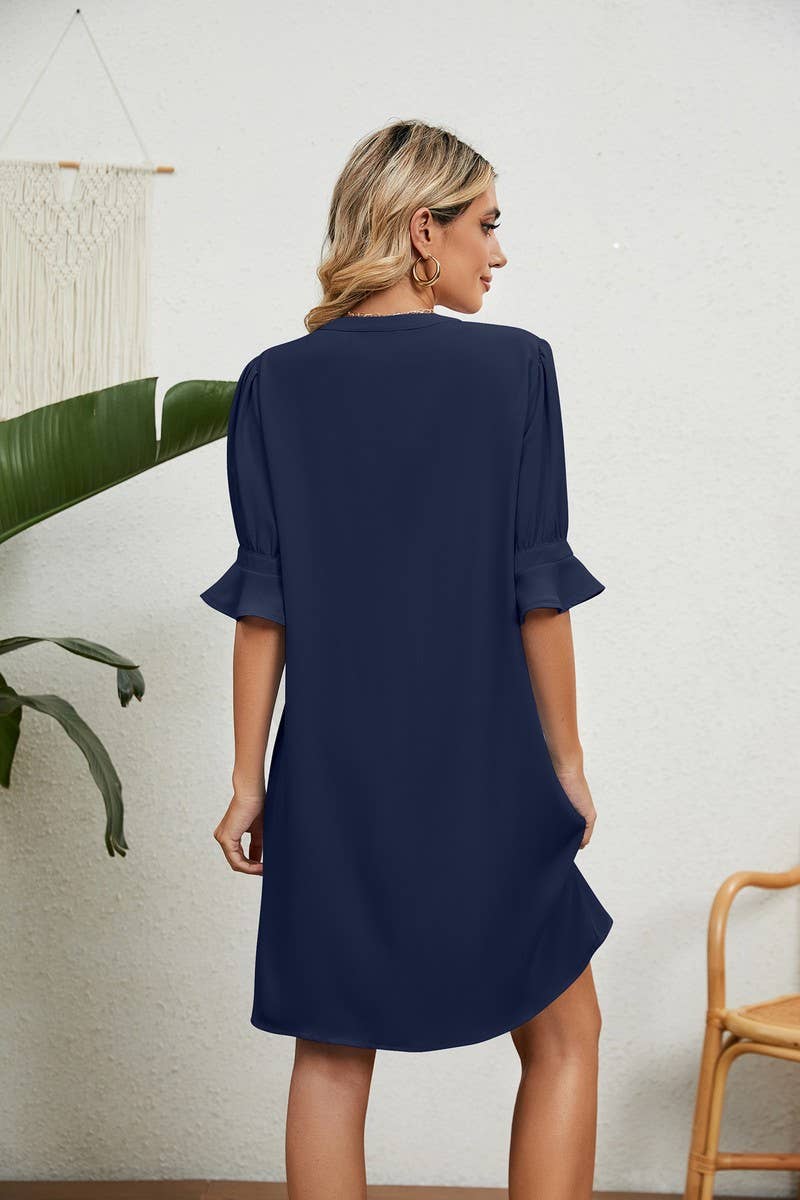 CWDSD3115_SOLID COLOR V-NECK LOOSE QUARTER-SLEEVE MINI DRESS