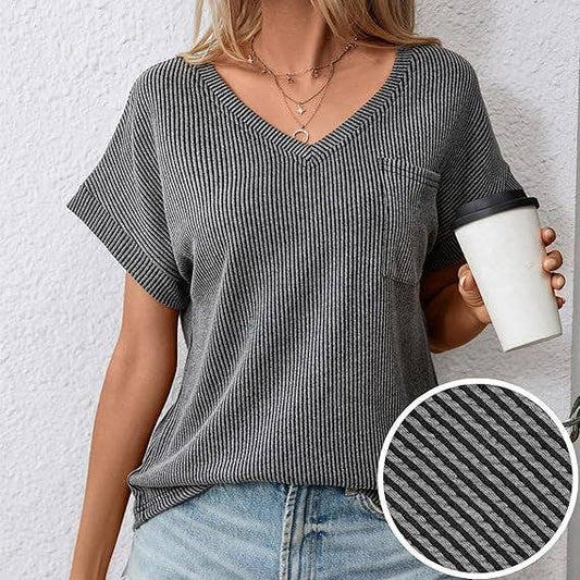 Fashion two-tone twist short sleeve V-neck shirt