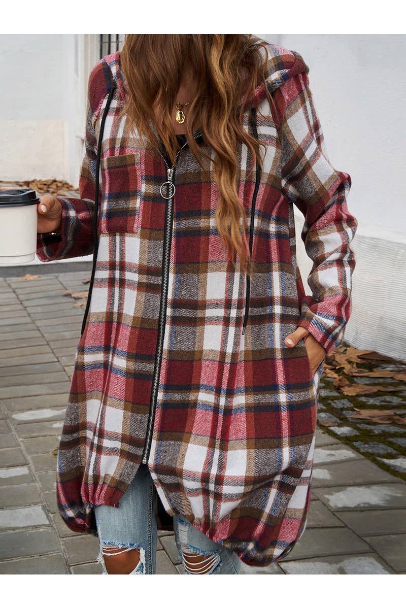 CWOCO0236_Casual Baggy Plaid Long Sleeved Zipper Hooded Coat